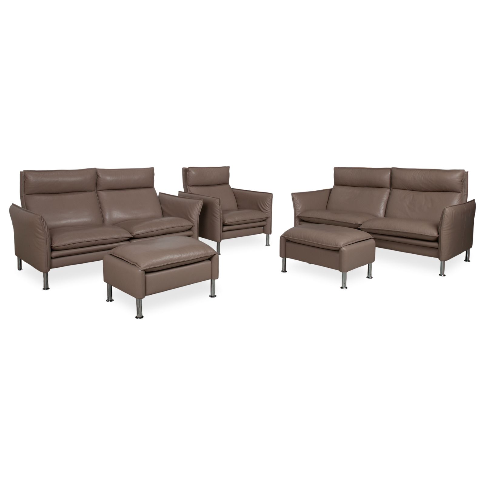 Erpo Porto Set: leren driezitter, tweezitter, fauteuil, 2x voetenbank, bruin taupe, manuele functie, bank