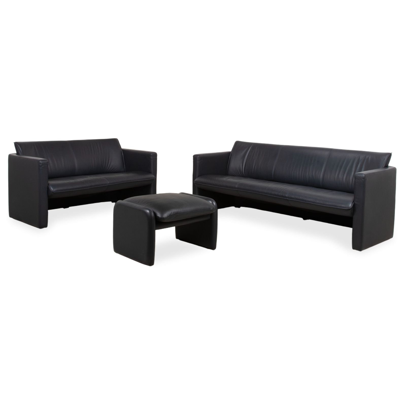 Ensemble Leolux canapé 3 places, canapé 2 places et pouf en cuir bleu foncé