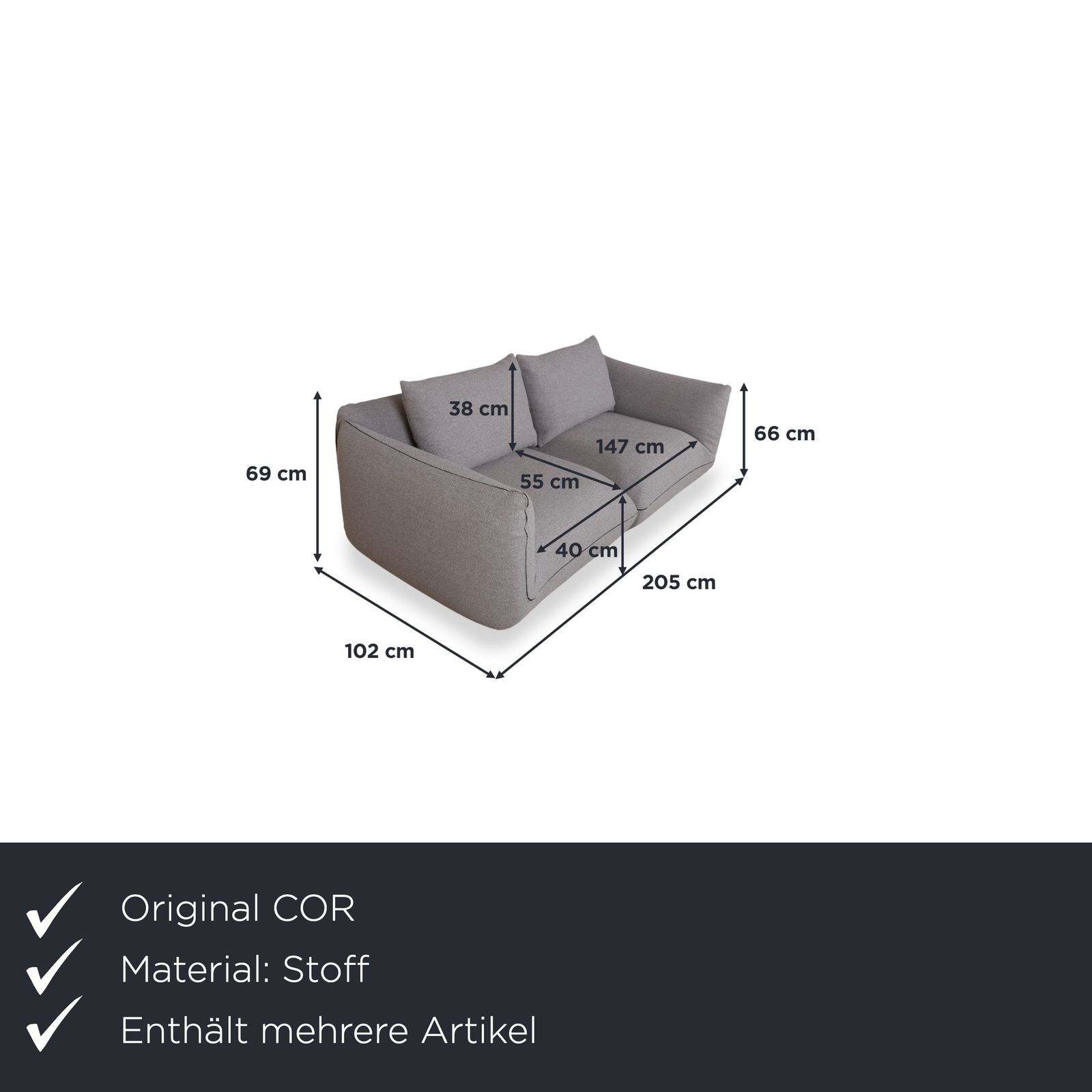 Canapé 2 places et pouf Cor Jalis en tissu gris photo furniture