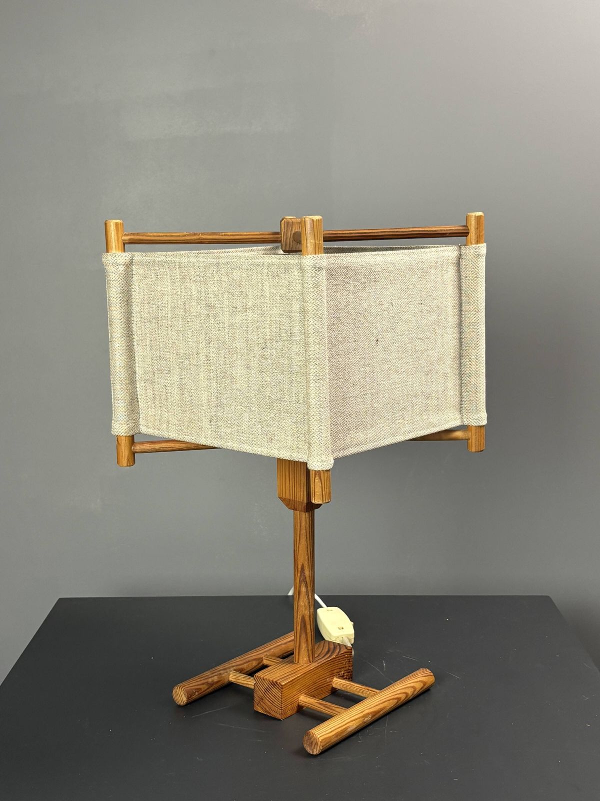 photo for sale Midcentury Scandinavian Pine Table Lamp With Square Fabric Shade, 1970s