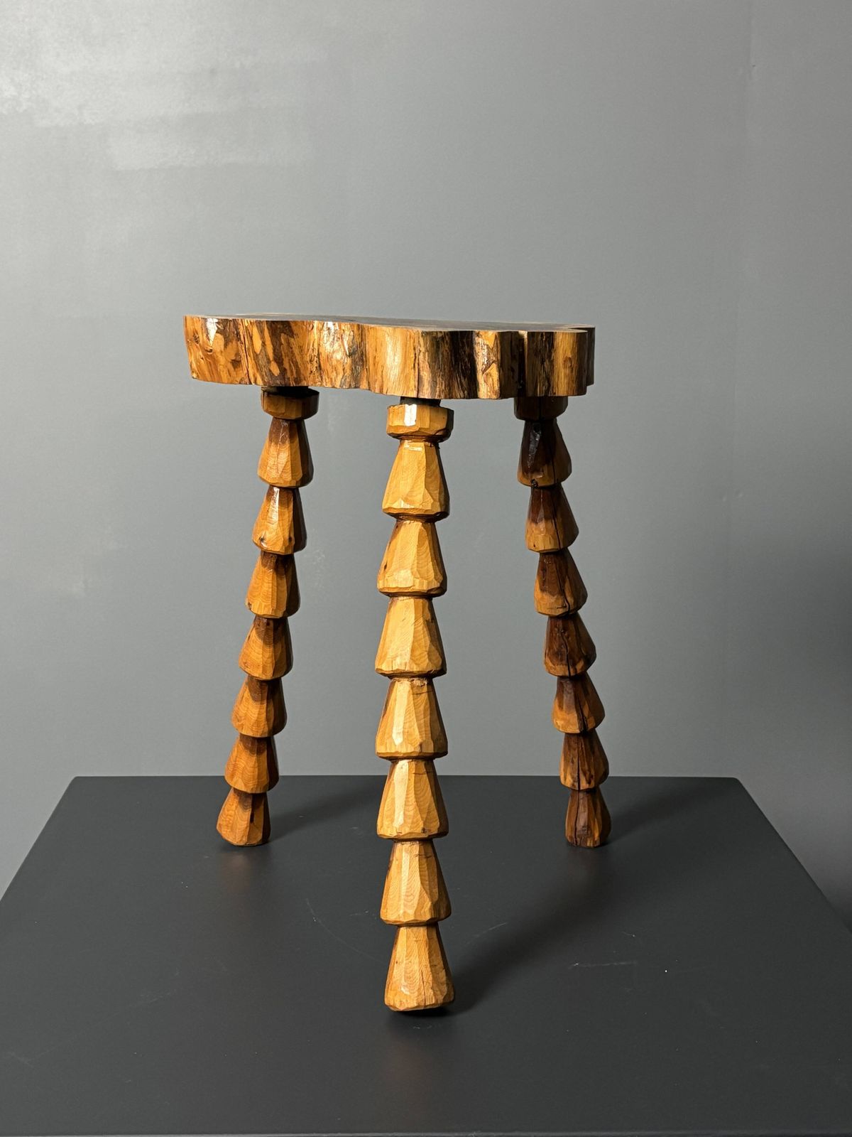 Furniture Midcentury Brutalist Artisanal Wood Turned Handmade Tripod Stool, Ca 1960s photo