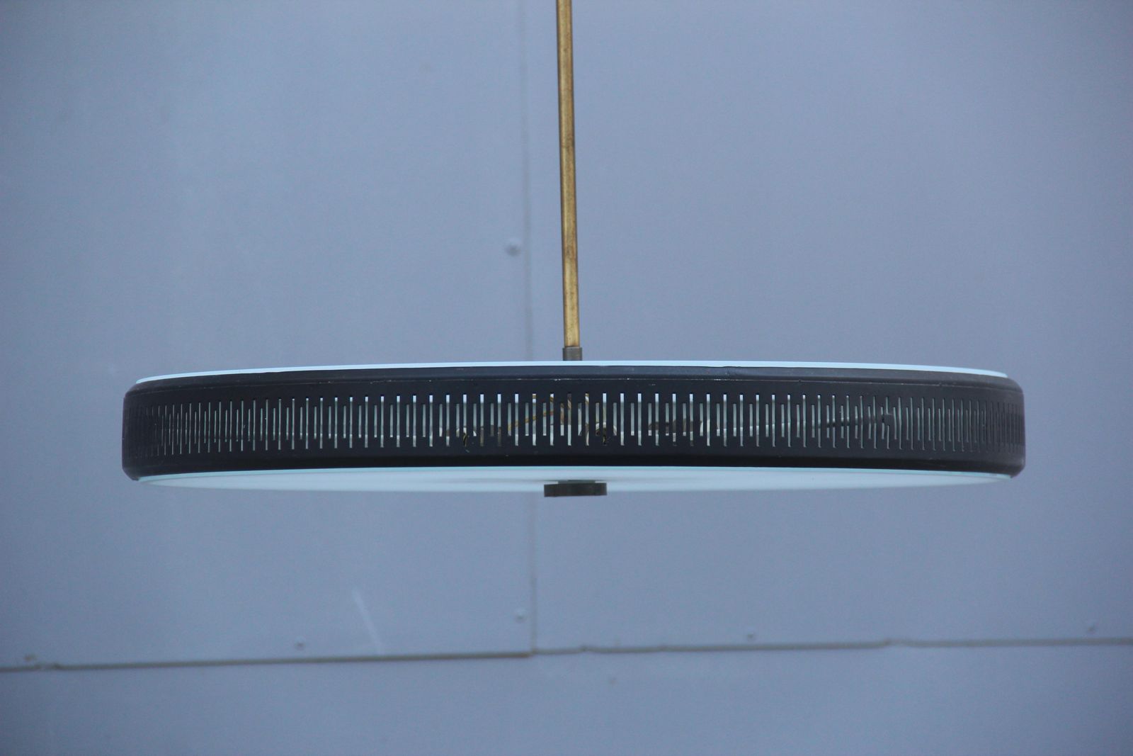Midcentury Black Round Chandelier Gold Glass White Stilnovo Italian Design, 1950 photo vinterior