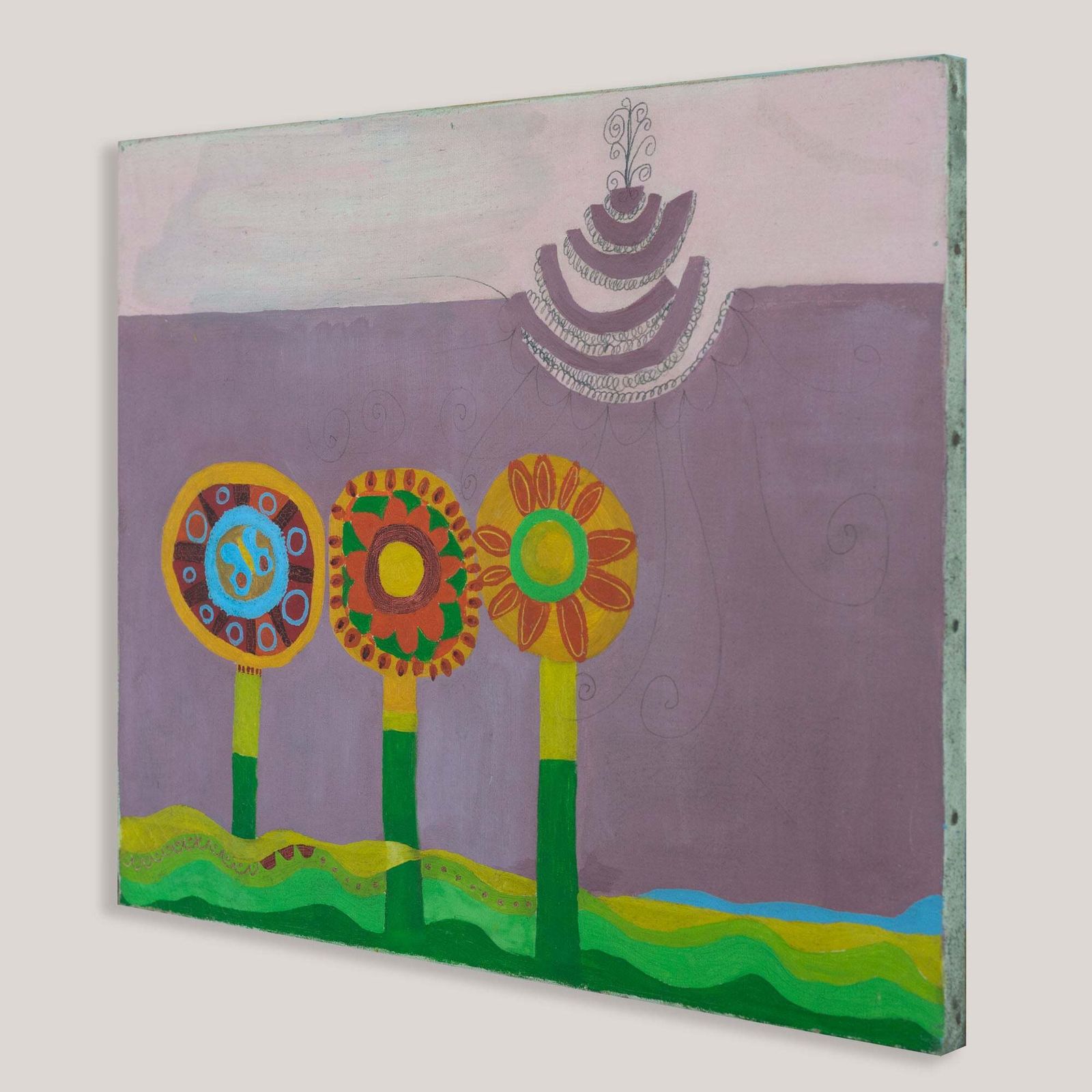 Abstract Floral Landscape – Mid Century Oil On Canvas photo furniture