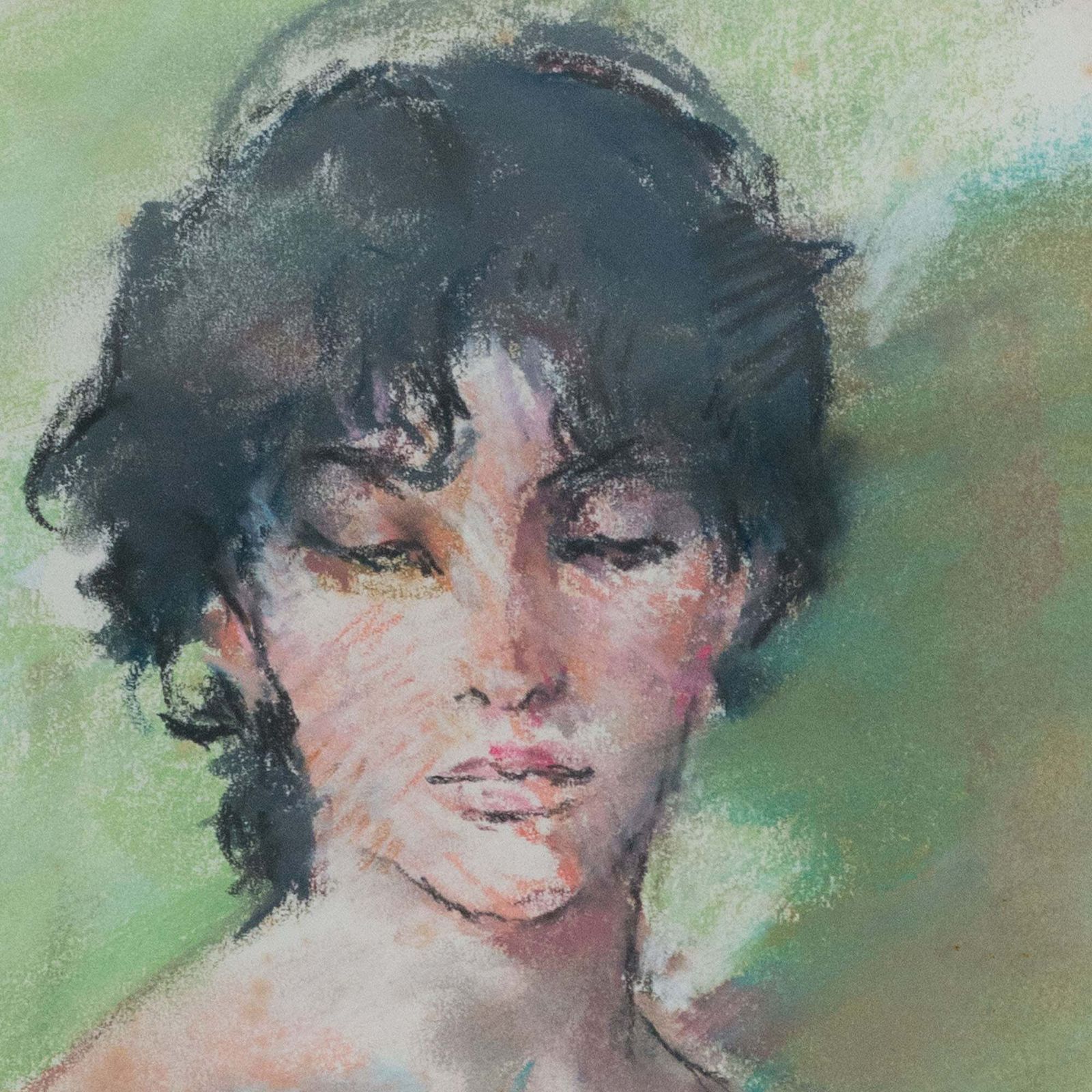 Mid Century Seated Female Nude Pastel & Watercolour, Signed photo Art