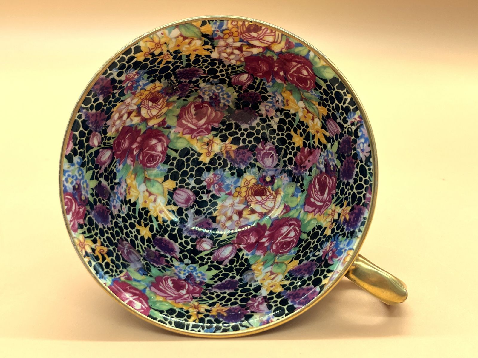 Royal Winton Pottery Hazel Chintz Best Gold Footed Wide Mouth Tea Cup & Saucer Duo. C1930's. photo Home Decor