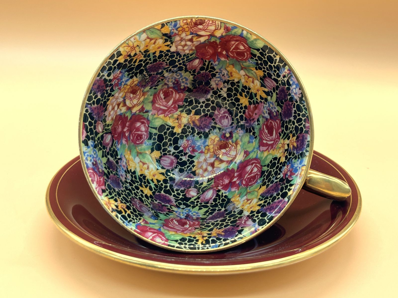 photo furniture Royal Winton Pottery Hazel Chintz Best Gold Footed Wide Mouth Tea Cup & Saucer Duo. C1930's.