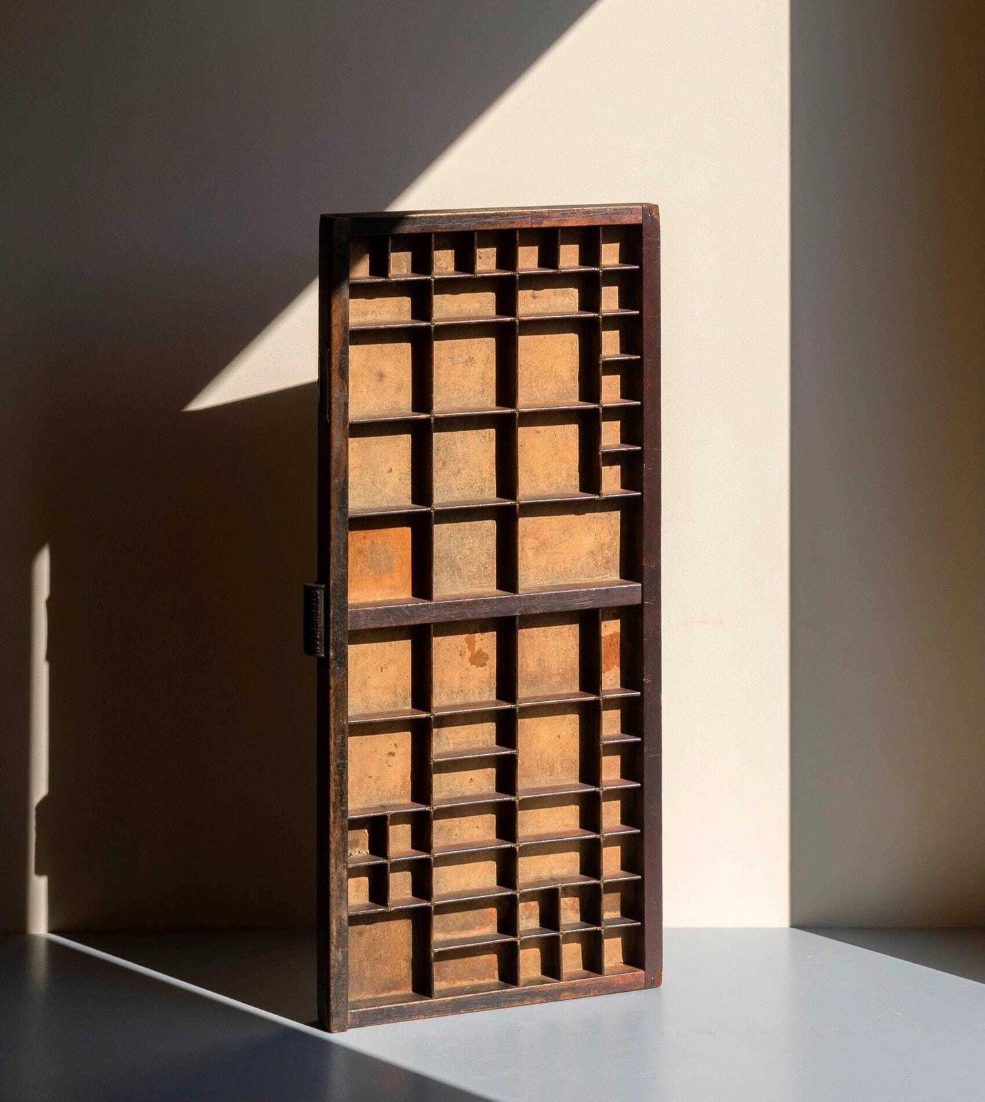 Antique English Stephenson Blake & Co Letterpress Printer’s Tray – Wooden Type Case With Brass Corners – Wall Display Shelf