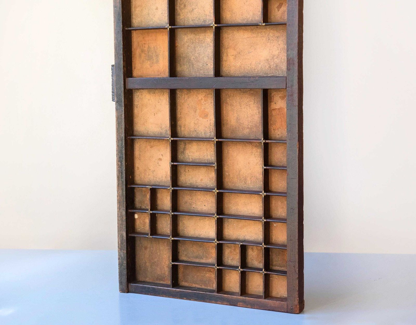photo furniture Antique English Stephenson Blake & Co Letterpress Printer’s Tray – Wooden Type Case With Brass Corners – Wall Display Shelf