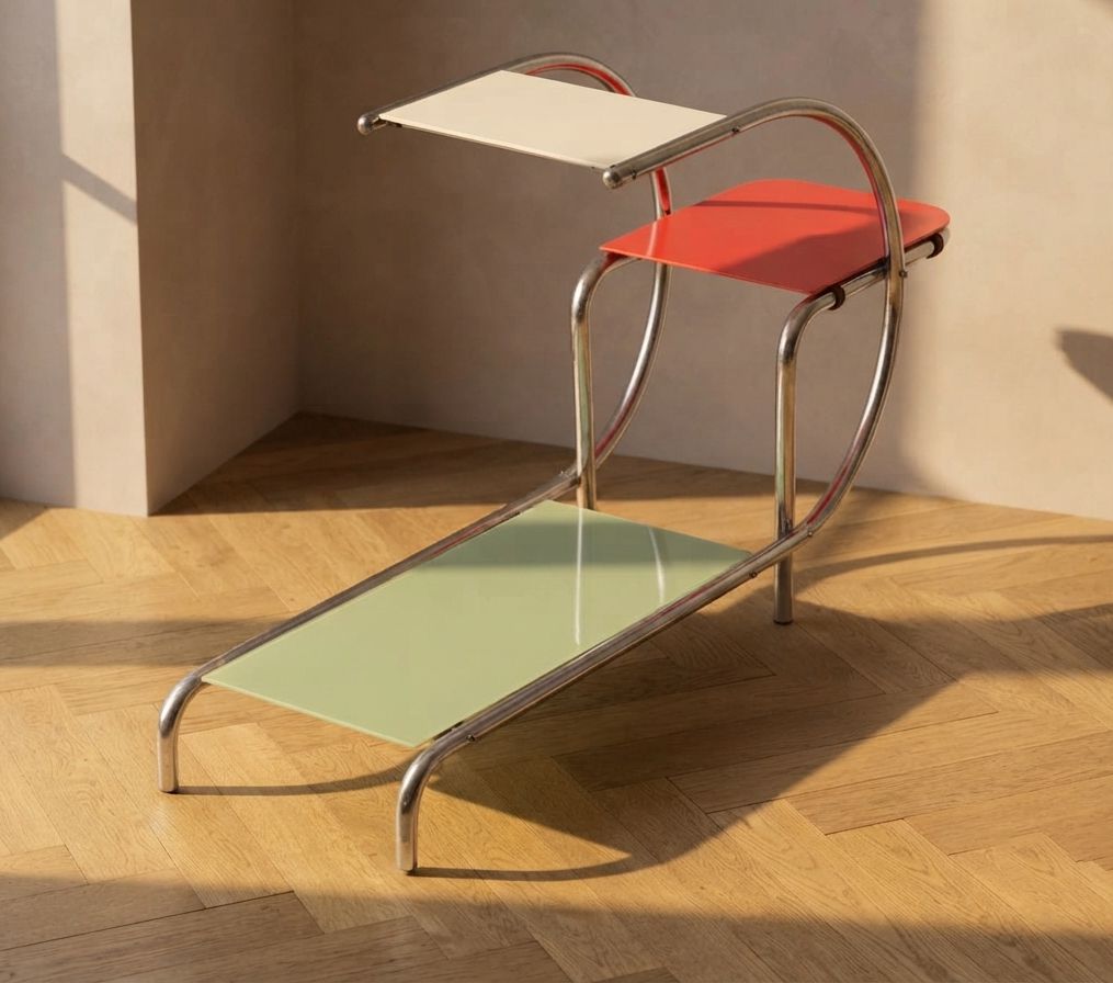 Bauhaus stalen plantenstandaard van Emile Guyot, gekleurde glazen schappen, midden 20e eeuw, Tsjecho-Slowakije, 90 × 30 × 105 cm photo 915.0