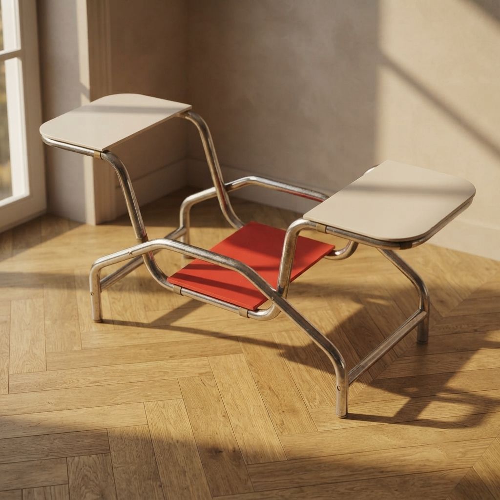 Bauhaus stalen plantenstandaard van Emile Guyot, gekleurde glazen schappen, midden 20e eeuw, Tsjecho-Slowakije, 90 × 30 × 105 cm photo vinterior