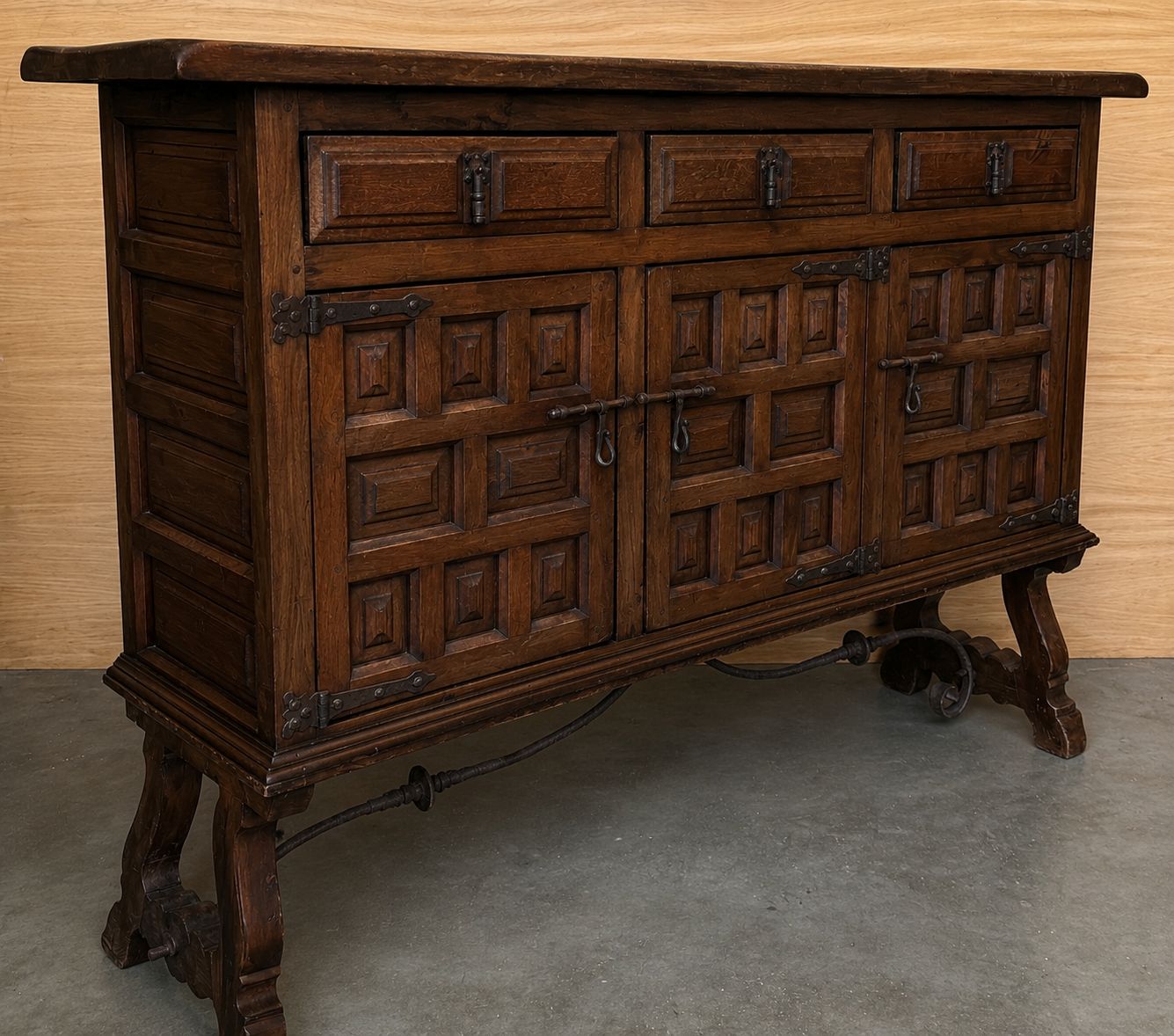 Antique Spanish Rustic Sideboard Made Of Solid Wood With Hand Forged Iron Fittings photo vinterior