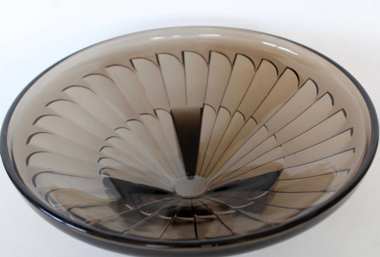 photo furniture Large French Art Deco Circa 1930s Smoked Brown Glass Bowl, Pressed Glass, Fruit Bowl, Centerpiece, Geometric Design, Feather Design