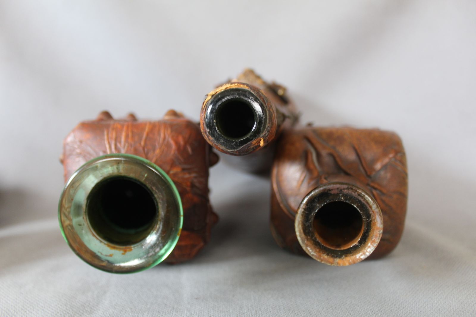 photo buy Set Of 3 Vintage Italian Leather Wrapped Glass Decanters, Italy Wrapped Bottle, Whisky Cognac, Lion Head, Hand Decorated, Hooks, Stopper