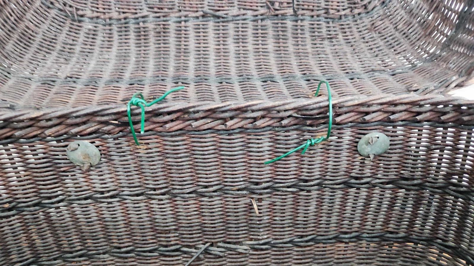 Antique French Dark Wicker Woven Farm Basket With Handles photo vintage