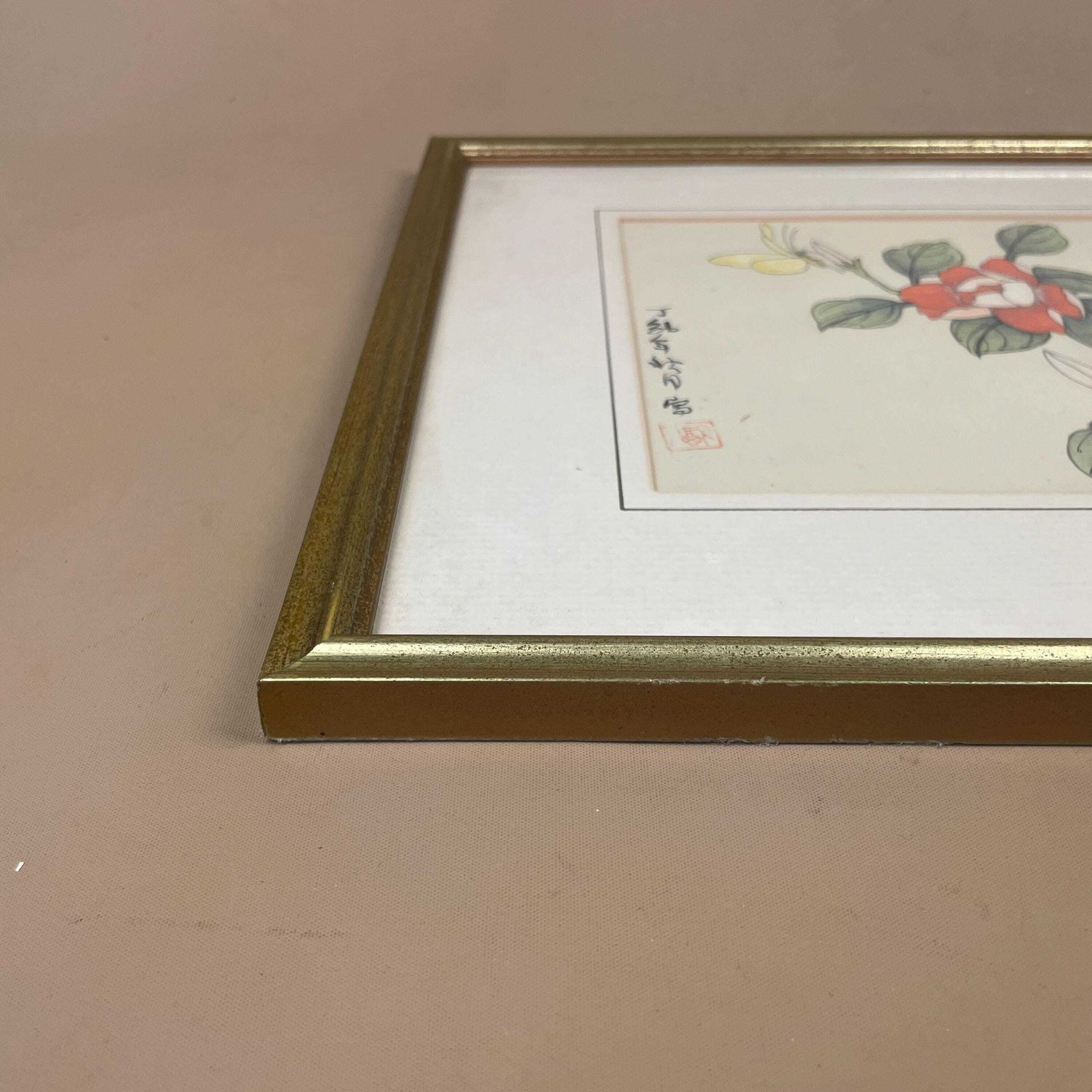 Oriental Picture Flowers Butterfly, Vintage Hand Painted Silk Art, Chinese Camellia Botanical Painting, Gold Wood Frame, Asian Wall Art photo 55.0