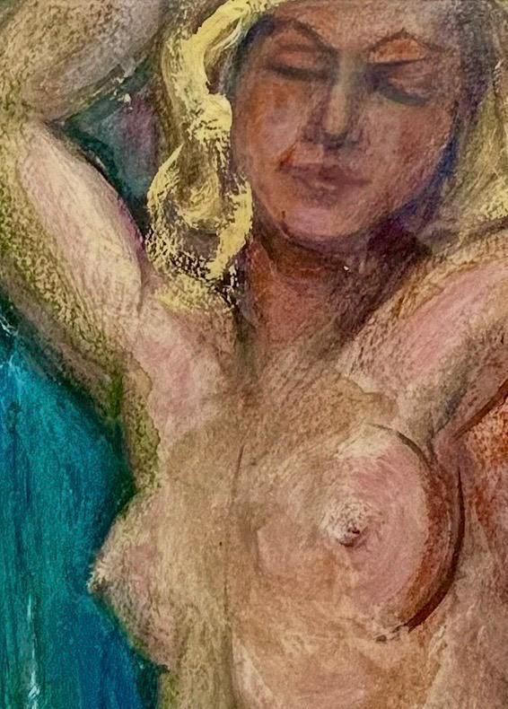 1960s French Vintage Oil Painting On Thick Heavy Paper French Reclining Woman 60s Fashion Listed Artist Jean Perre photo vinterior