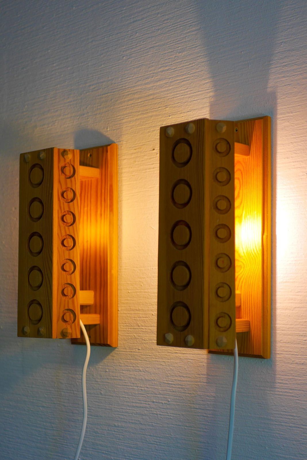 Scandinavian Modern Sconces. A Pair Of Mid Century Modern Pine Wood Wall Lights photo Lighting