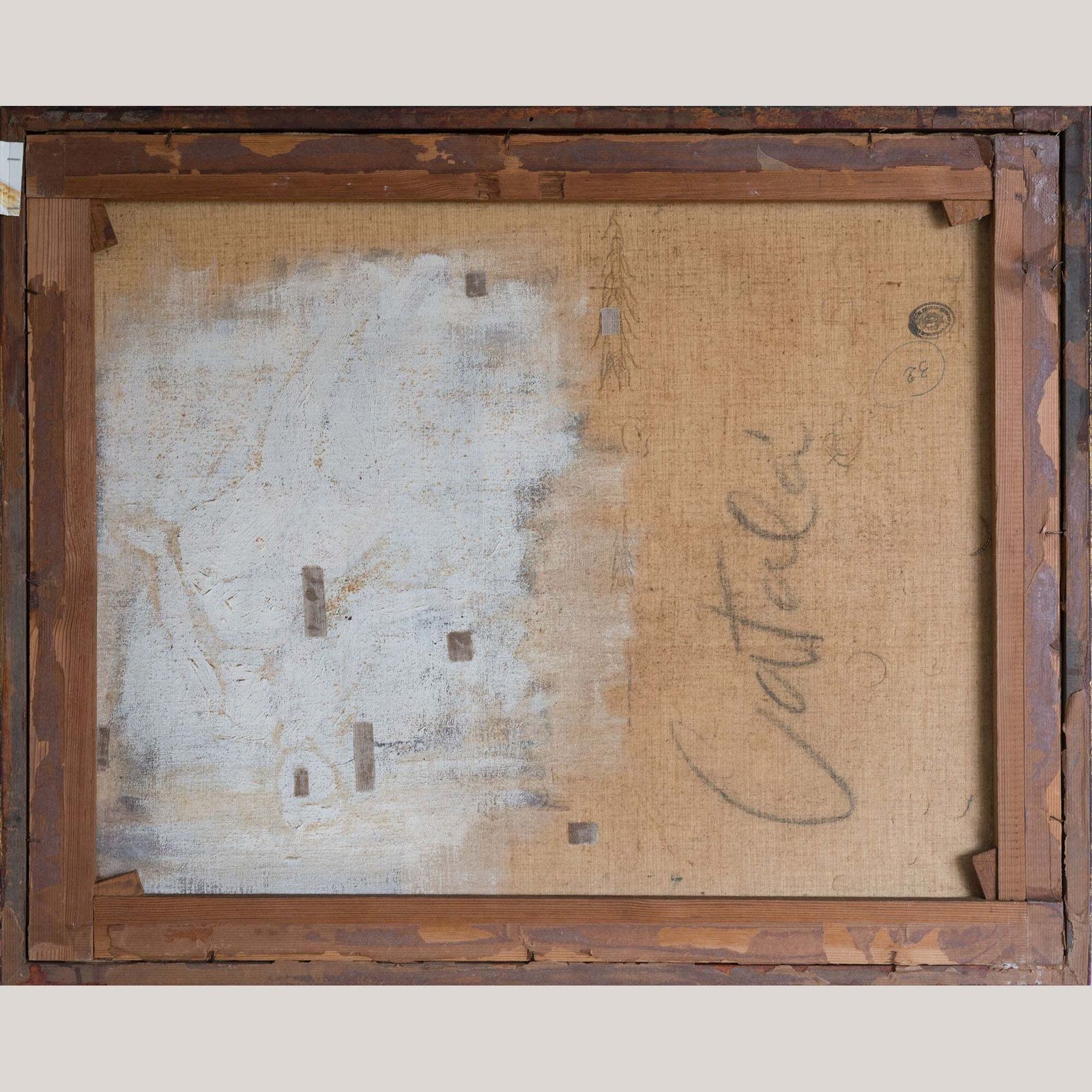 photo for sale Vintage Europees Straatgezicht met Krantenstand | Mogelijk Gesigneerd Català | Olieverf op Doek