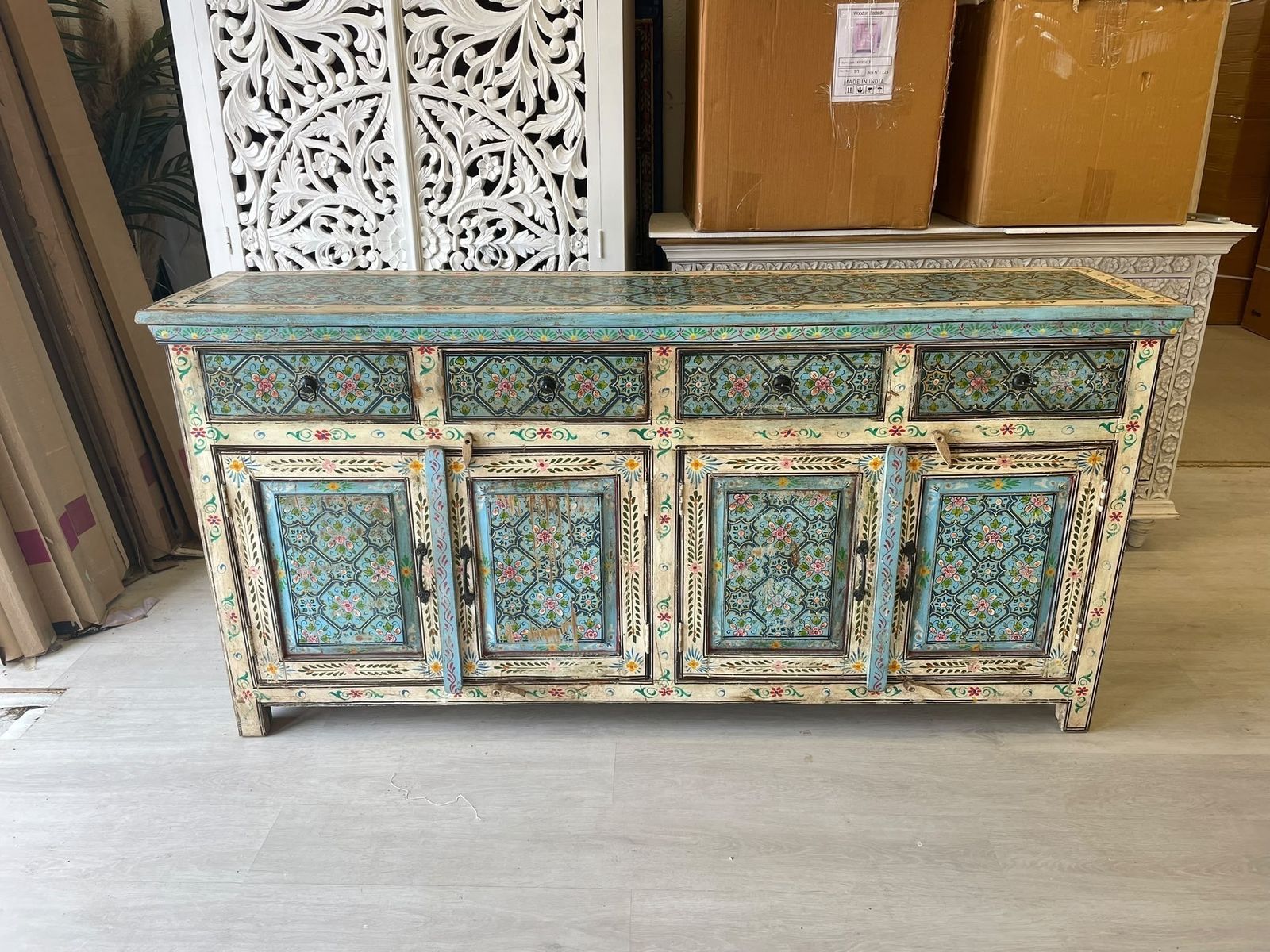 Met de hand geschilderd mangohout dressoir, 4 deuren en 4 lades, bloemmotief (180 cm)