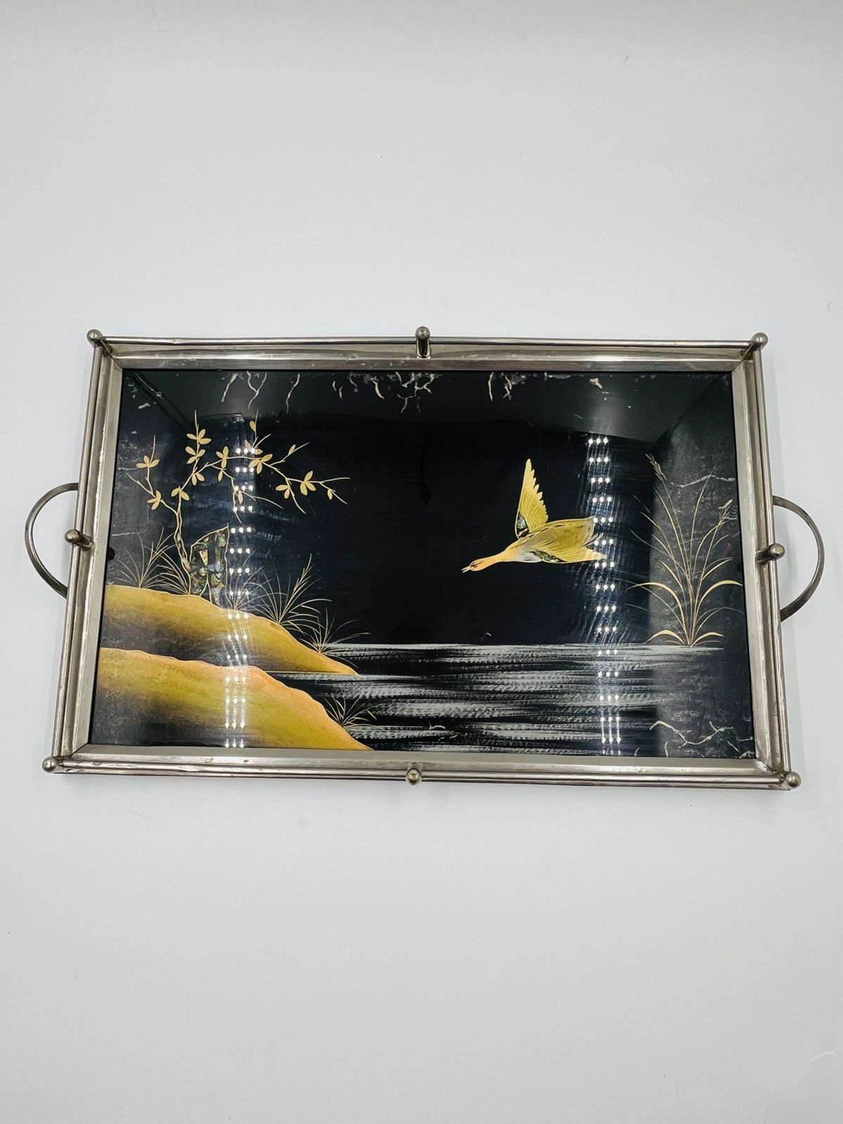 Art Deco dienblad, beschilderd glas en parelmoer photo furniture