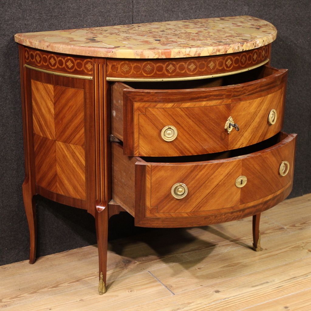 Commode demi-lune de style Louis XVI, France, début du XXe siècle photo for sale