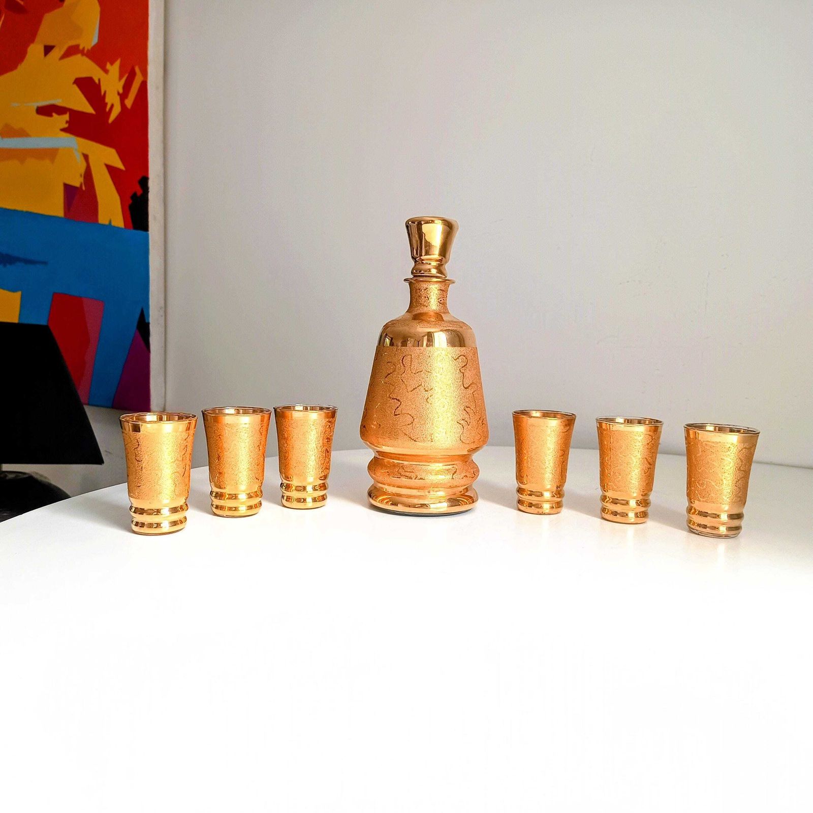 Belgian Laeken Cristal Mid Century Gold Liqueur Vodka Set 6 Shot Glasses, Hollywood Regency photo furniture