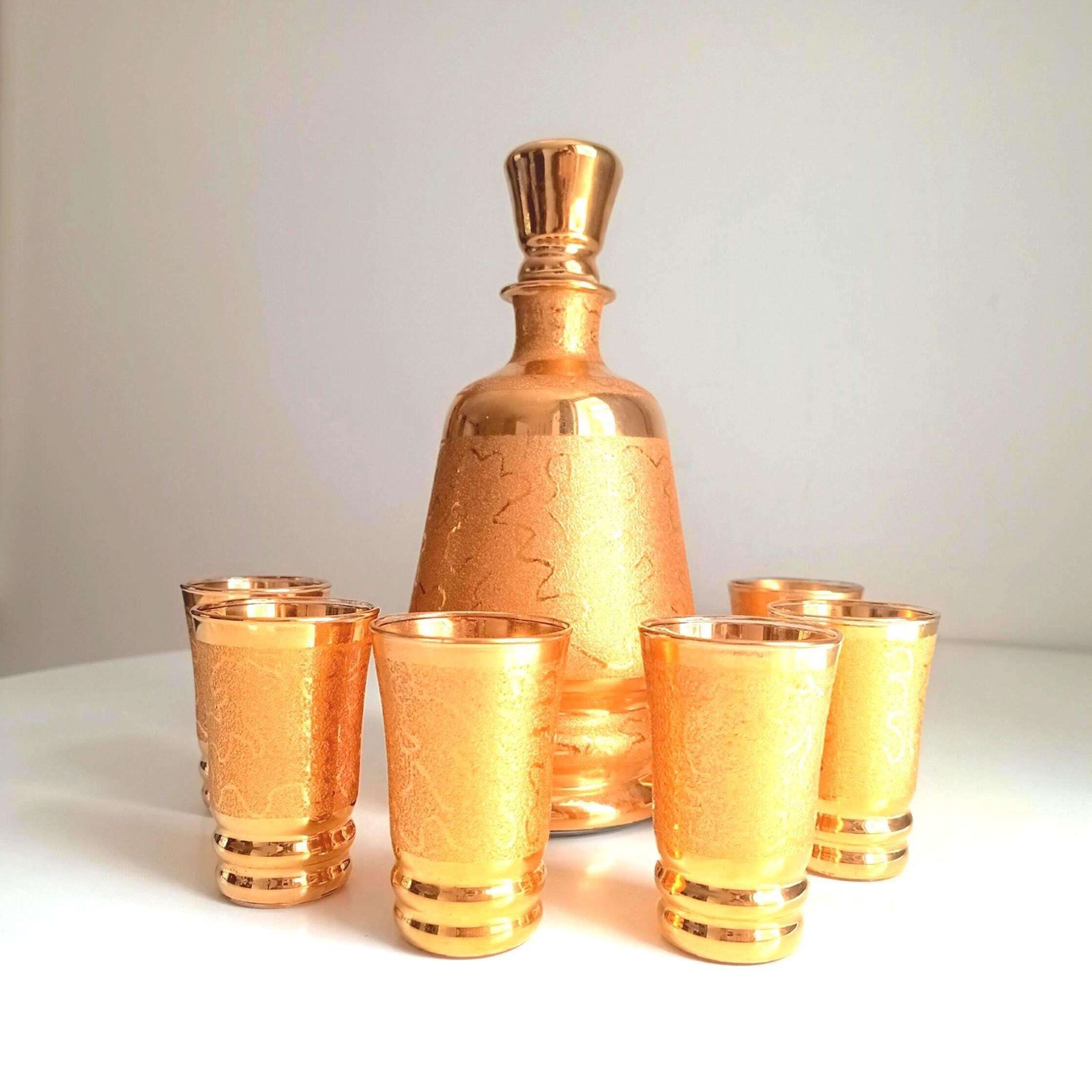 Belgisch Laeken Cristal Mid Century Gouden Likeur Vodka Set 6 Shotglazen, Hollywood Regency
