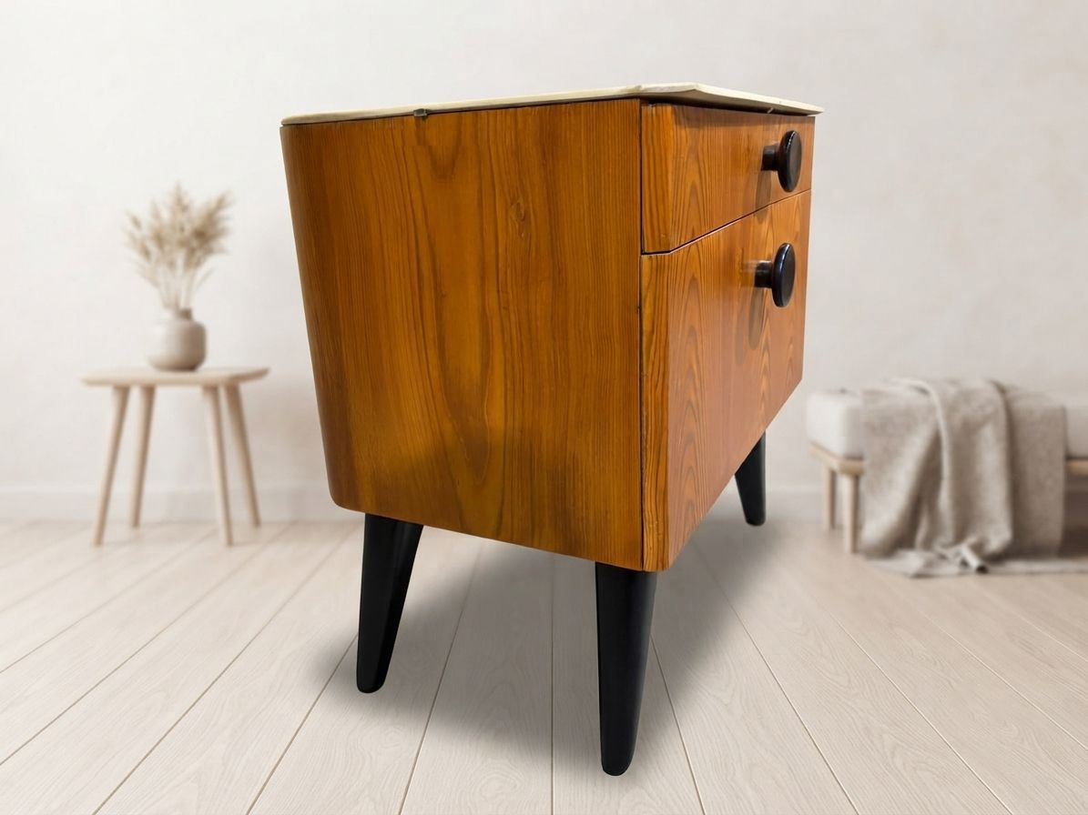 photo for sale Volledig gerestaureerd nachtkastje van Jindřich Halabala voor ÚP Závody, mid-century modern, jaren 1950, Tsjecho-Slowakije, 55 × 51 × 37 cm