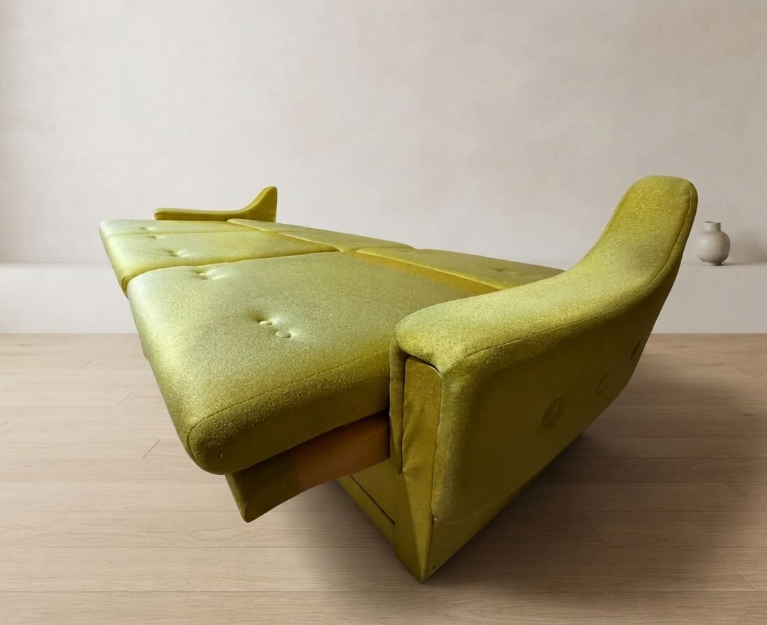 Mid-Century Opvouwbare Slaapbank, Mosterd/Olijf Bekleding 3-zitter, Tsjechoslowakije, 208 × 100 × 65 cm photo vinterior