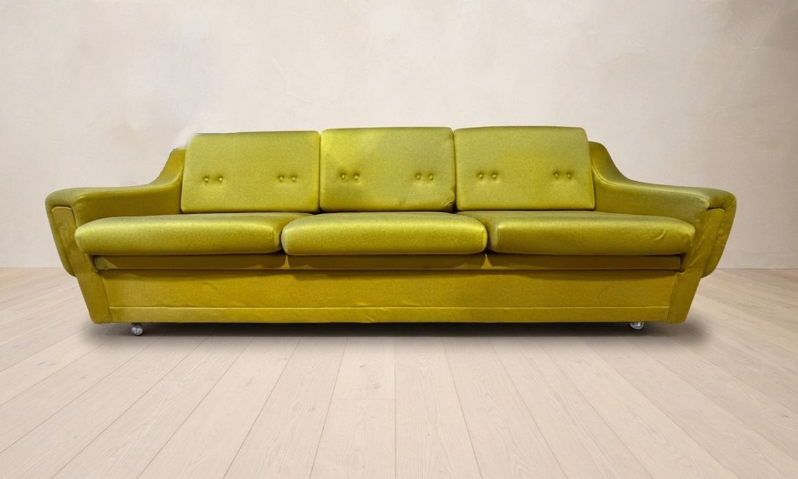 Mid-Century Opvouwbare Slaapbank, Mosterd/Olijf Bekleding 3-zitter, Tsjechoslowakije, 208 × 100 × 65 cm photo buy