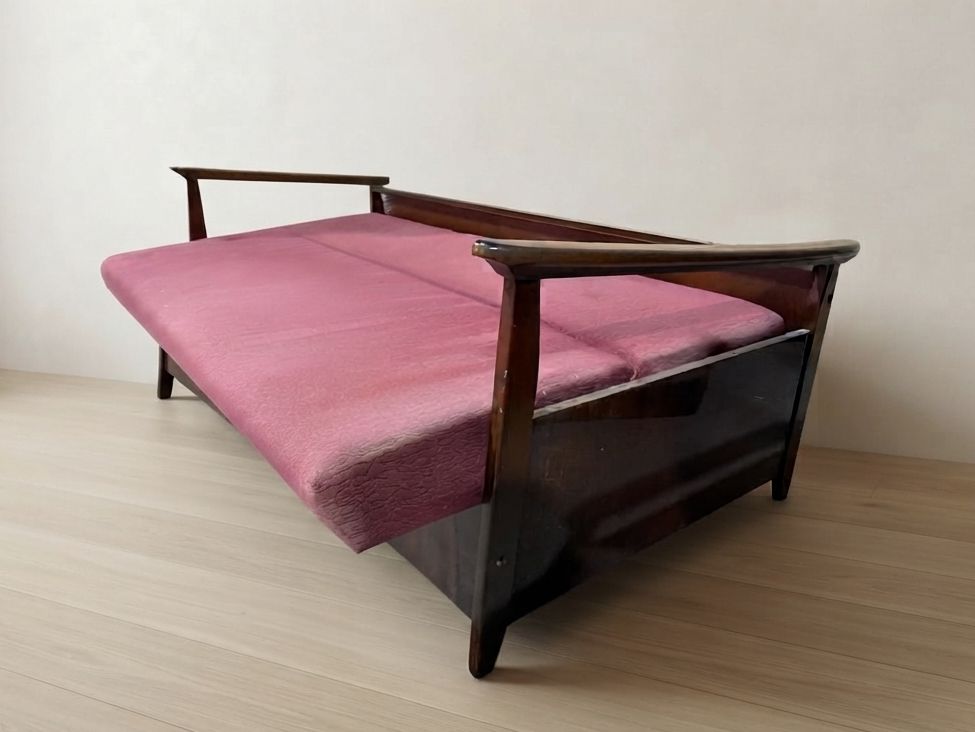 Burgundy Folding Sofa Bed By Edmund Homa, Mid Century Modern, 1960s, Czechoslovakia, 200 × 88 × 80 Cm photo for sale