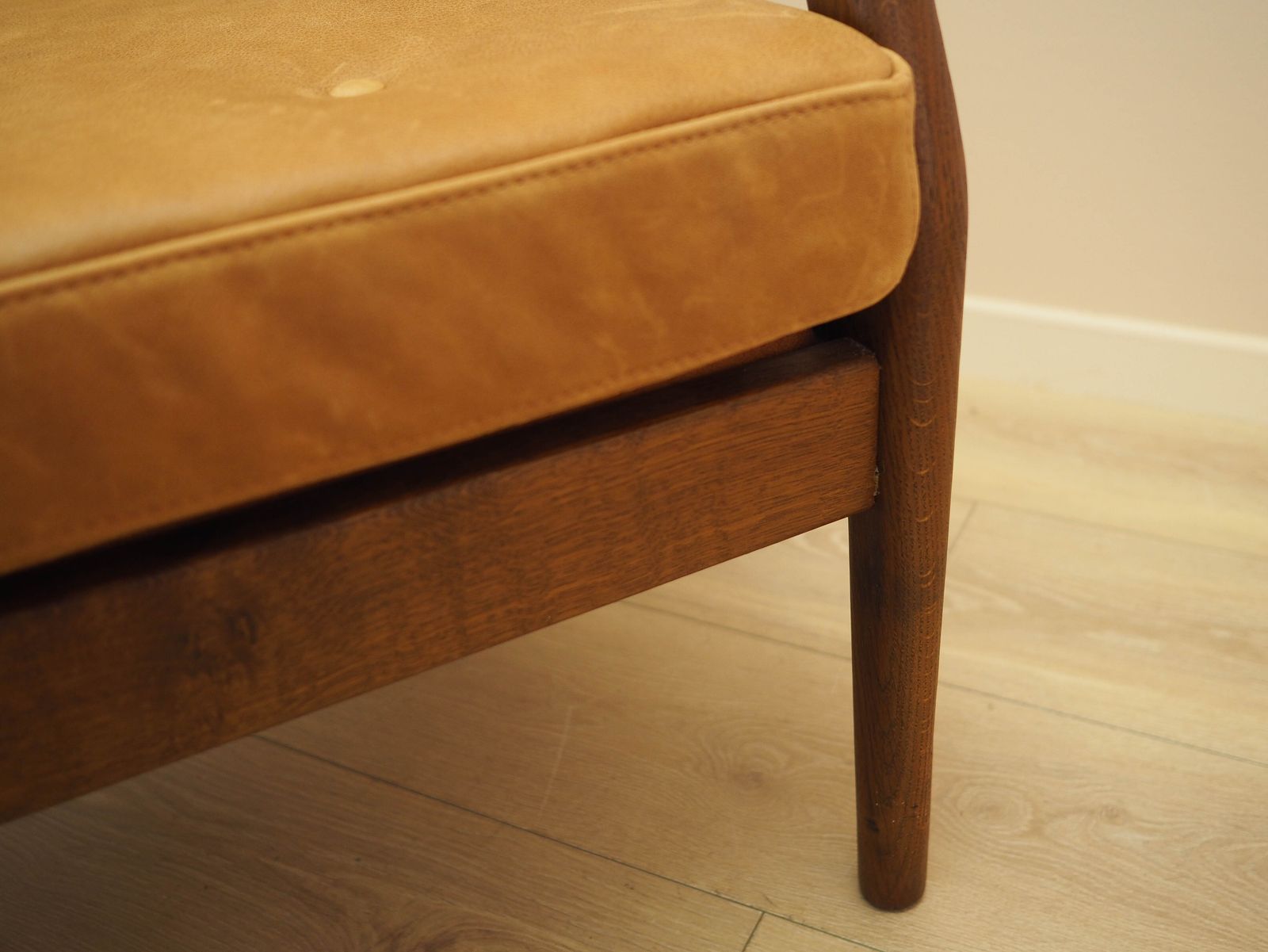 photo for sale Danish Two Seater Sofa Made Of Solid Oiled Oak, With Natural Leather Upholstery, From The 1960s.