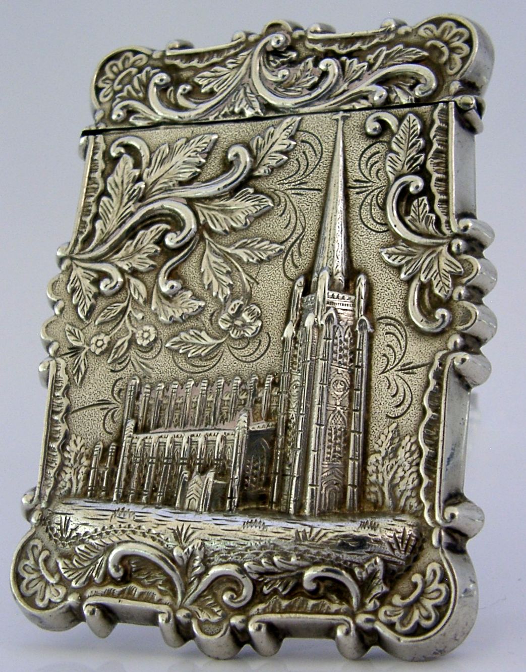 Zeldzaam Amerikaans sterling zilveren Trinity Church Castle Top Card Case ca. 1850 photo for sale