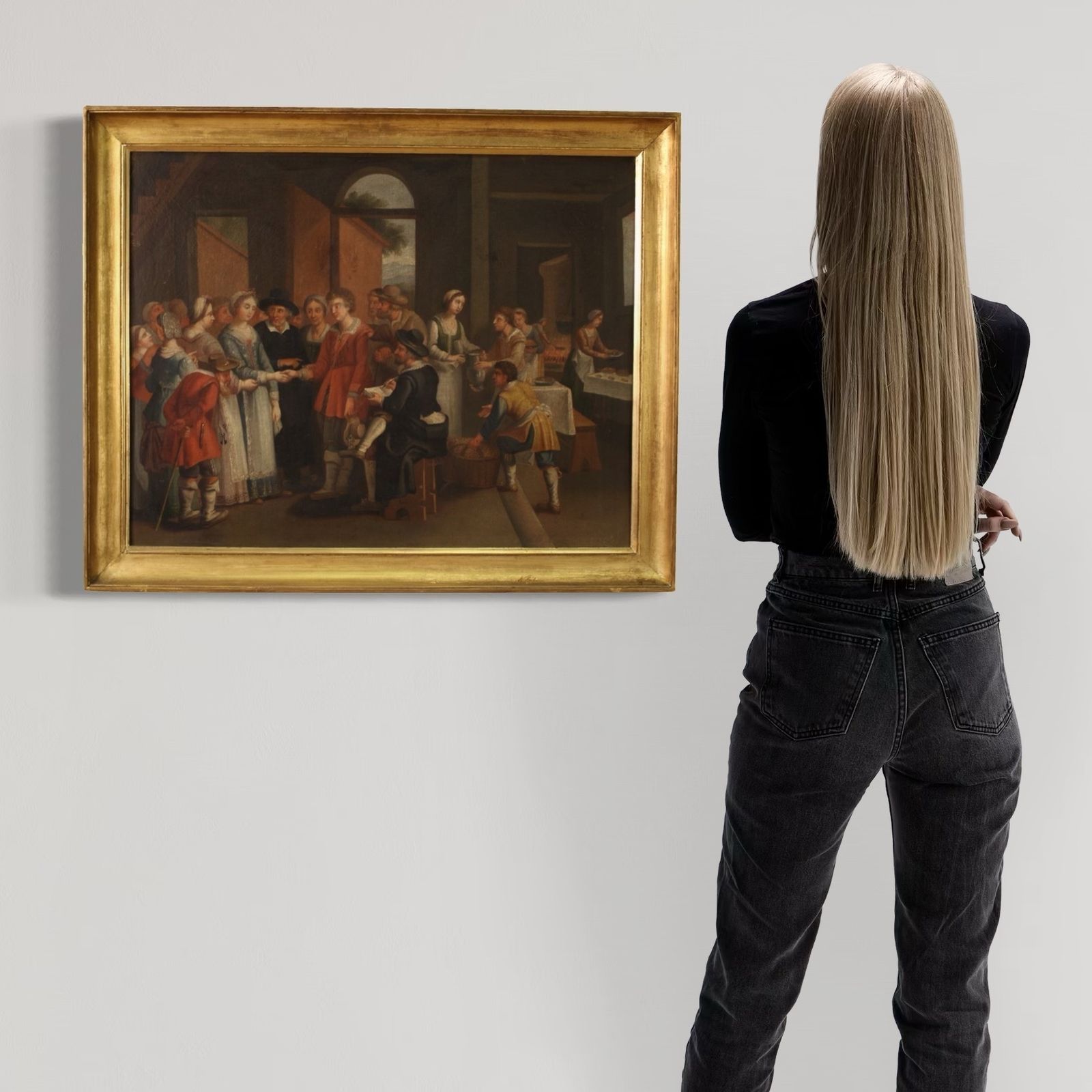 19e-eeuws Frans schilderij, genrescène met bruiloft photo for sale