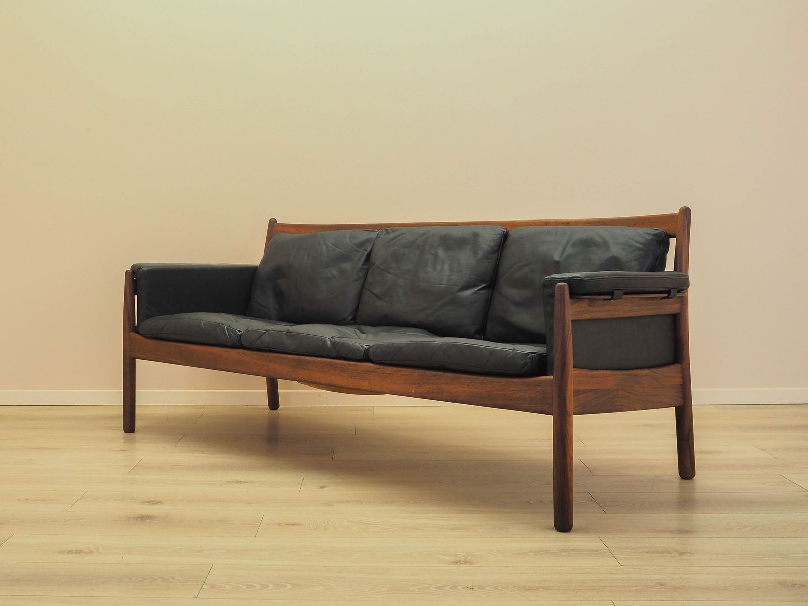 Three Seater Sofa By Gunnar Myrstrand For Källemo, Wood And Leather, 1960s photo for sale