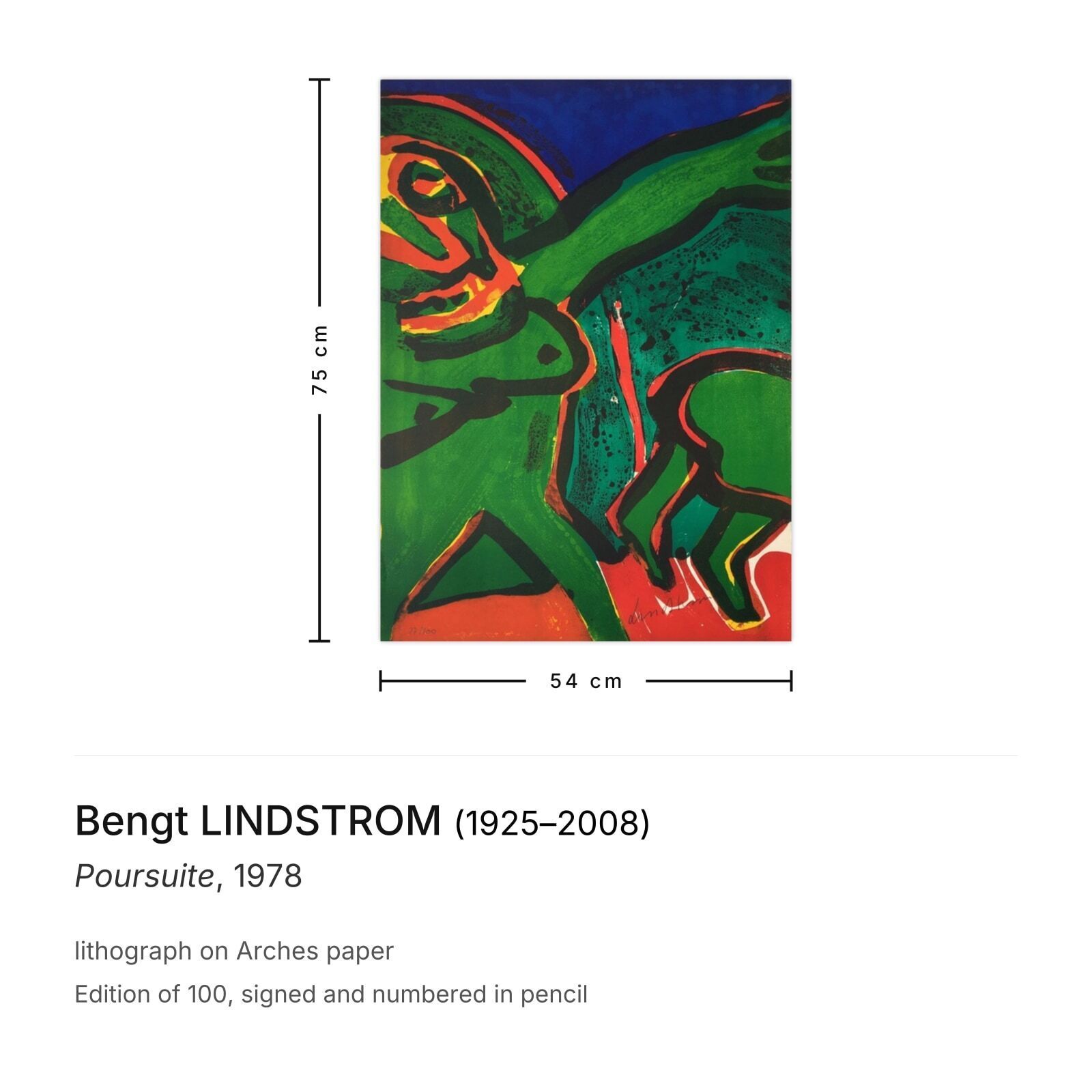 Bengt Lindstrom Gesigneerde Lithografie Poursuite 1978 photo furniture