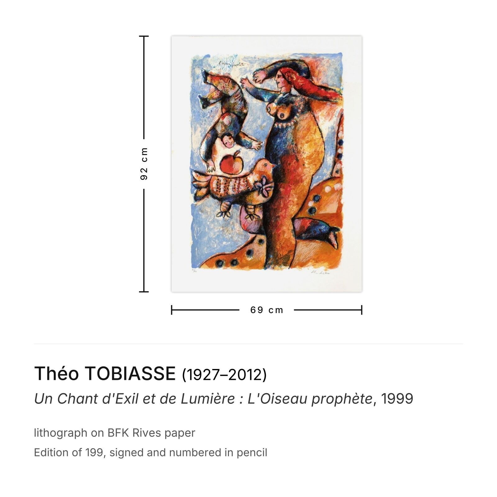 Théo Tobiasse Gesigneerde Lithografie Un Chant D'exil Et De Lumière : L'oiseau Prophète 1999 photo furniture