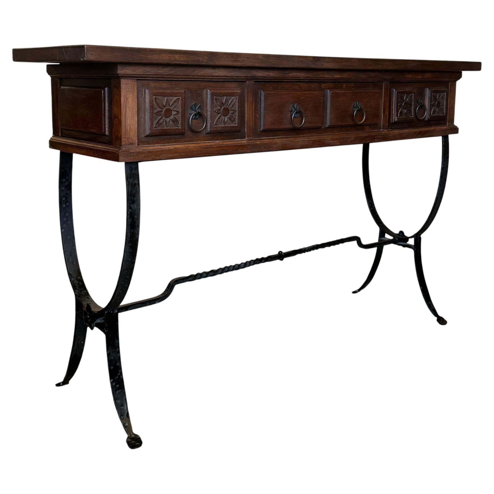 **Console d'époque espagnole sculptée, piétement en fer forgé main et deux tiroirs**
