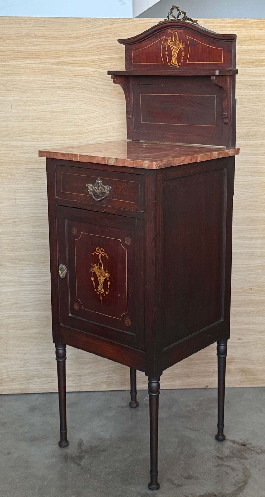 Antique Pair Of French Marquetry Bedside Cabinets With Marble Tops, Late 19th photo vinterior