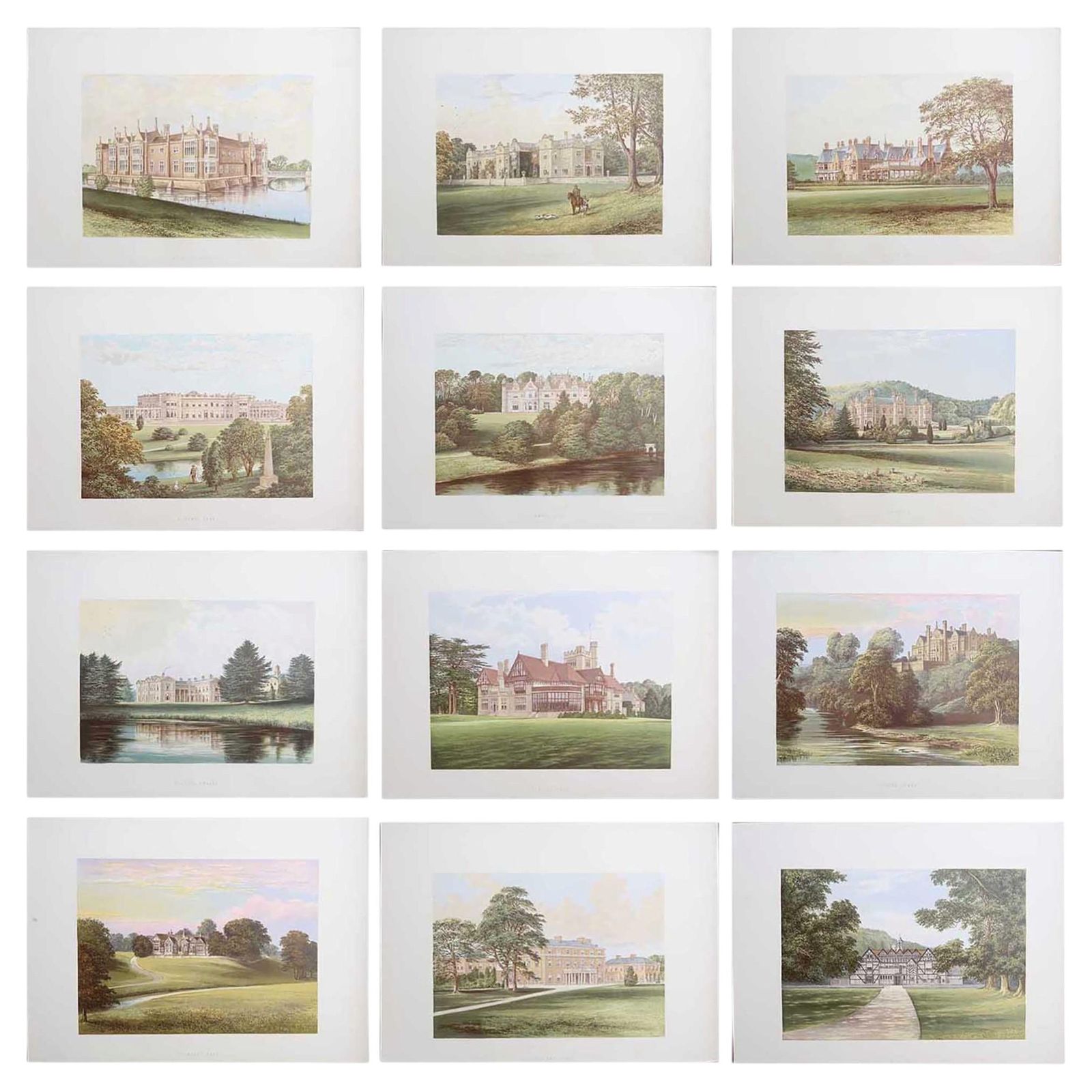 Set van 12 antieke prenten van Engelse landhuizen en tuinen, ca. 1880
