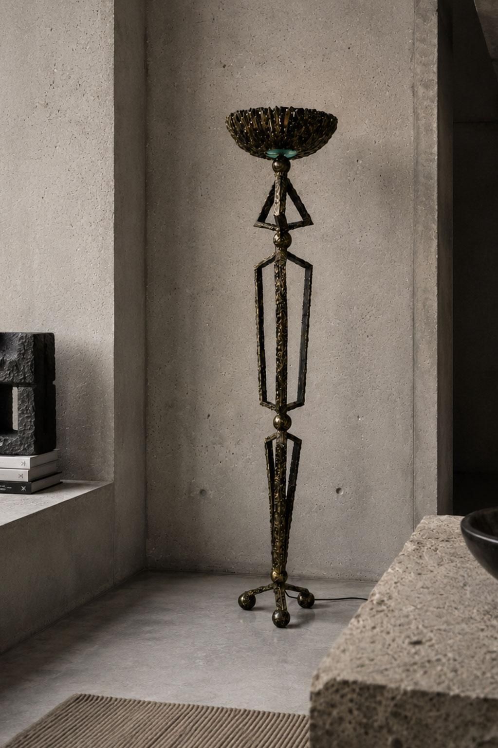 Hand Crafted Brutalist Floor Lamp Dutch Design 1980 Brass Metal Dimmable photo furniture