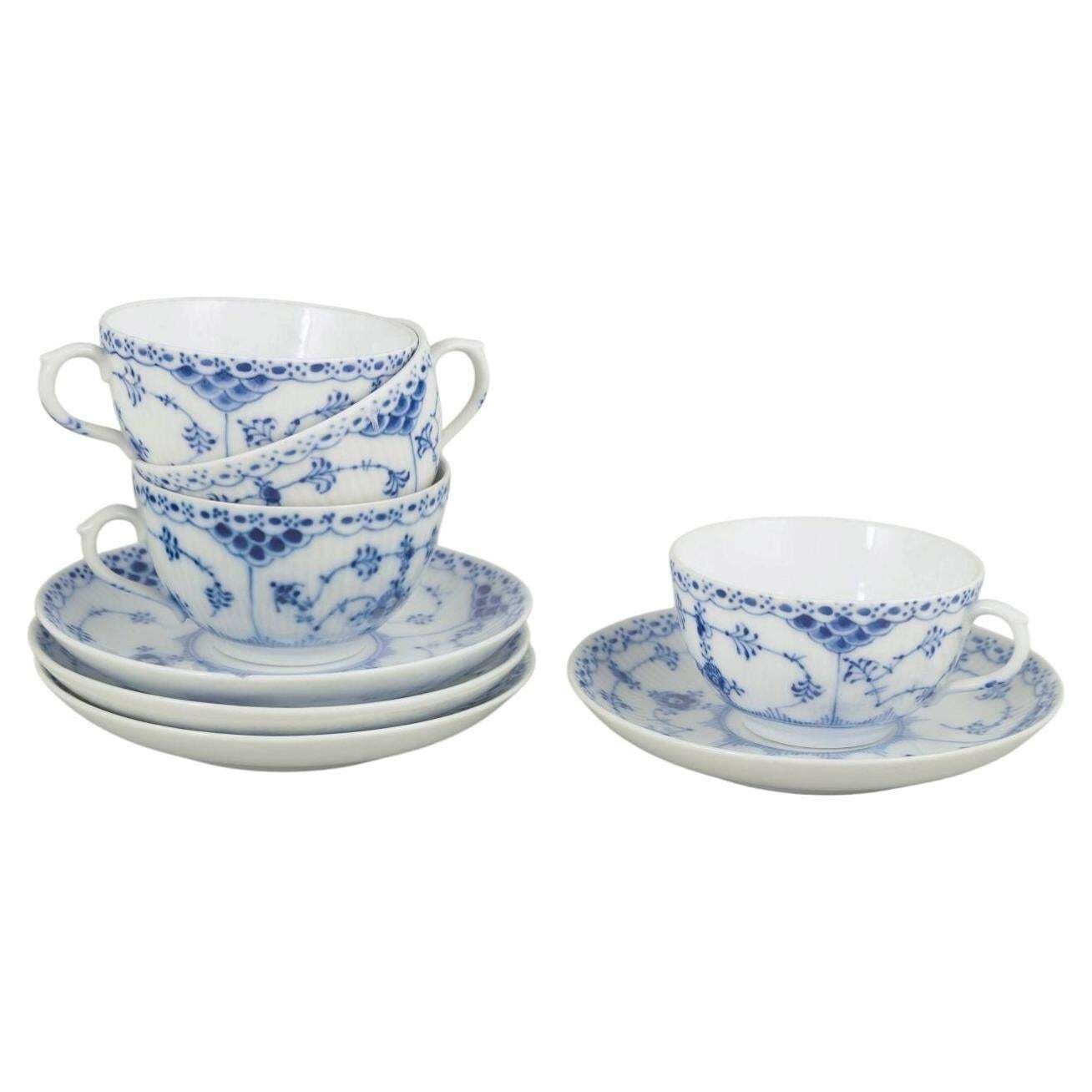 Royal Copenhagen, Blue Fluted Half Lace. Set Of 4 Chocolate Cups With Saucers.