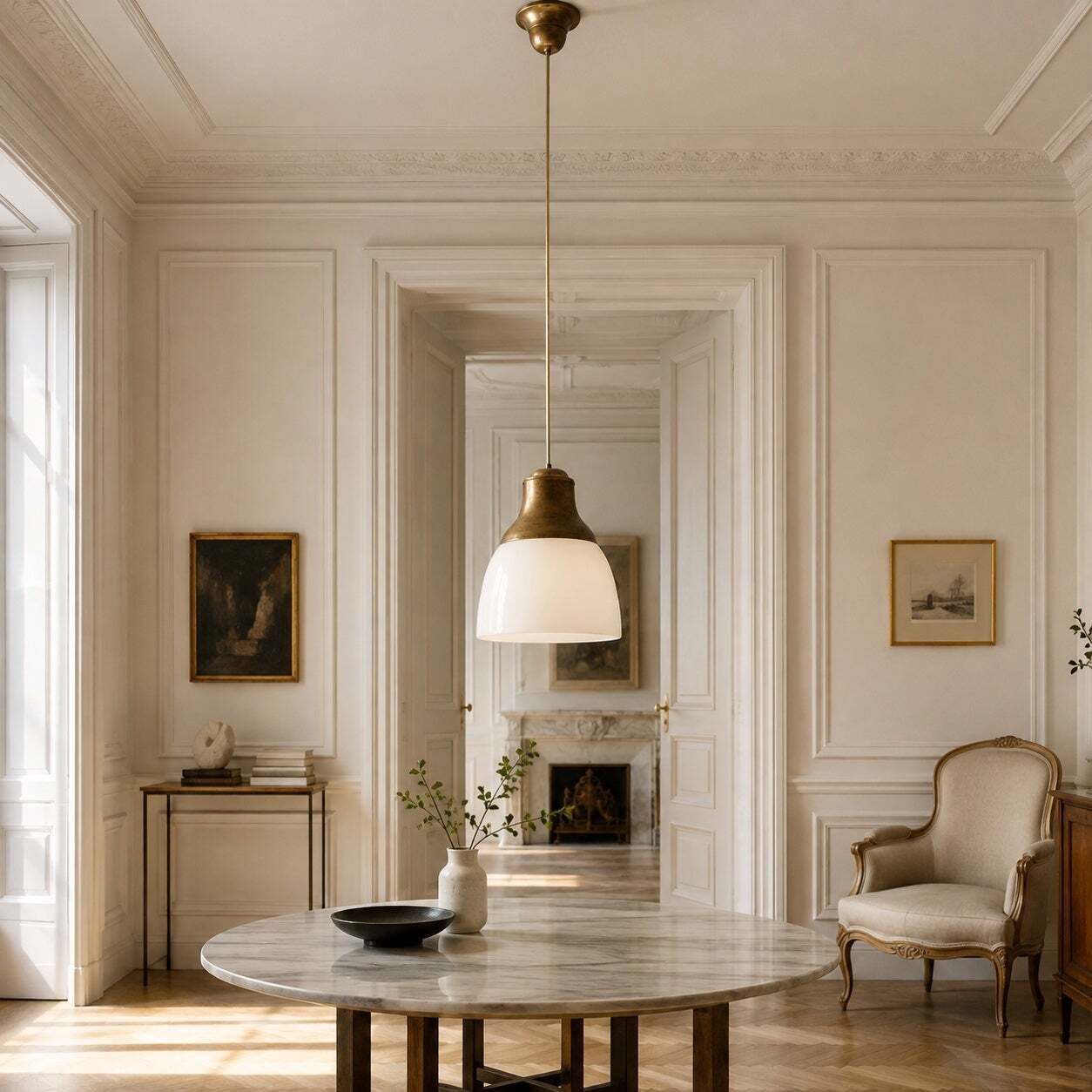 Italiaanse messing hanglamp met Murano lattimo glas, Luigi Caccia Dominioni voor Azucena photo vinterior