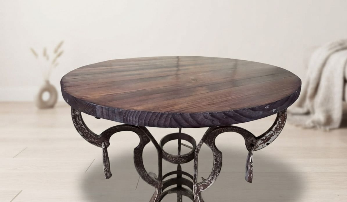 Handmade Round Side Table With Wrought Iron Base, Circa 1980s, Czechoslovakia, 67 × 50 Cm photo vintage