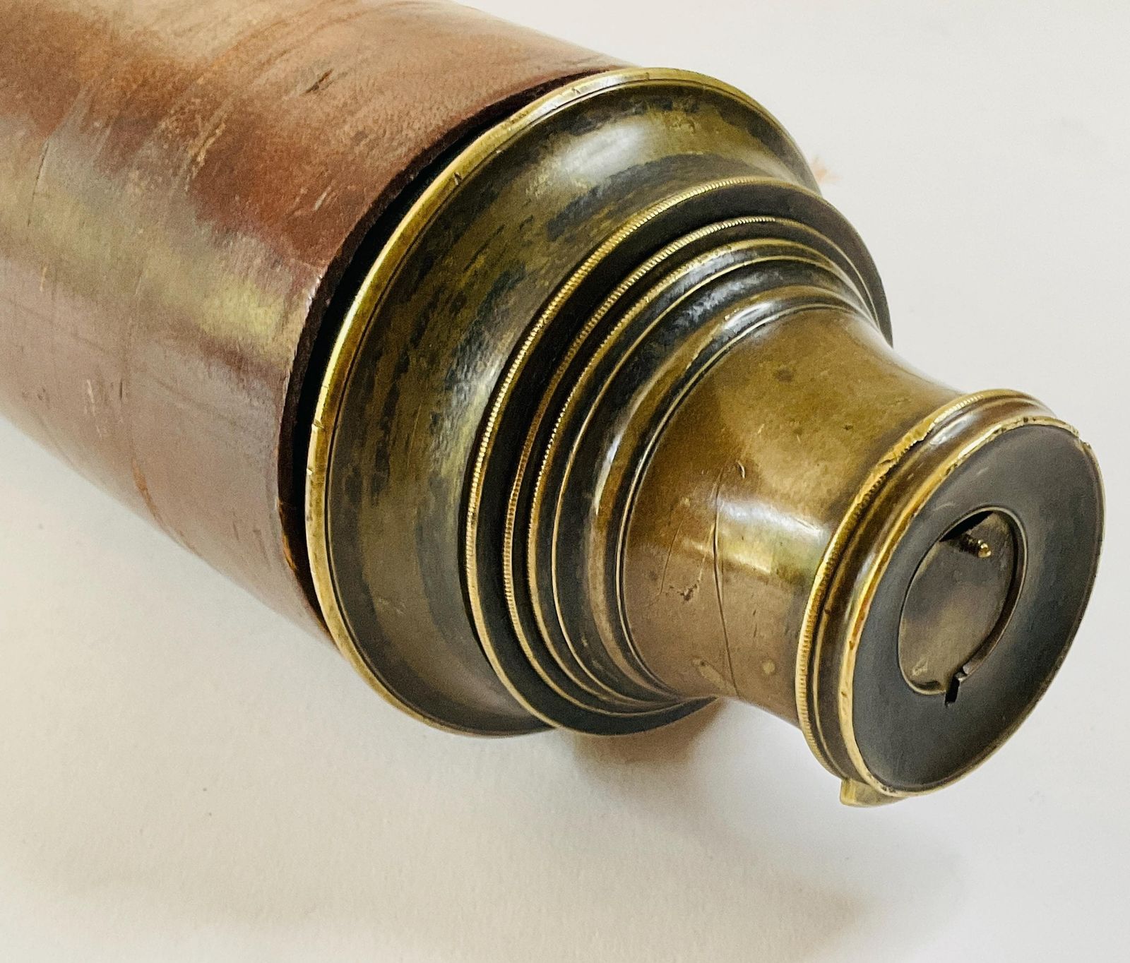 photo for sale Antique 19th Century Maritime Leather Covered Brass Officer Telescope With Sunshade & Field Stop