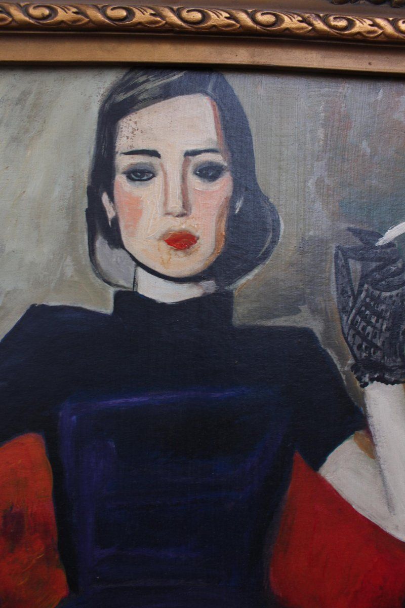 Lady Smoking, vintage olieverfschilderij ca. jaren 1950, ingelijst figuratief kunstwerk photo vinterior