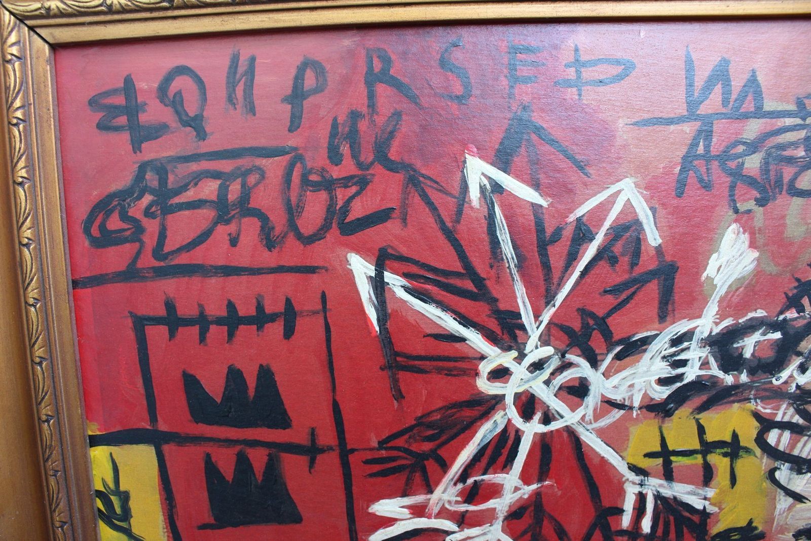 Naar Basquiat, Neo-Expressionistische Compositie, jaren 1980, Olie & Hout photo buy