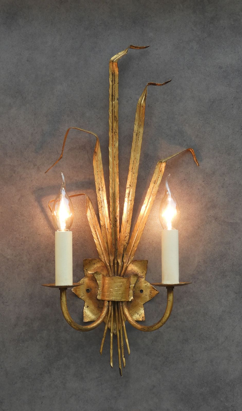 Ferrocolor Spanish Gilt Tole Wheat Sheaf Wall Sconces C1950, Two Pairs Available photo vinterior
