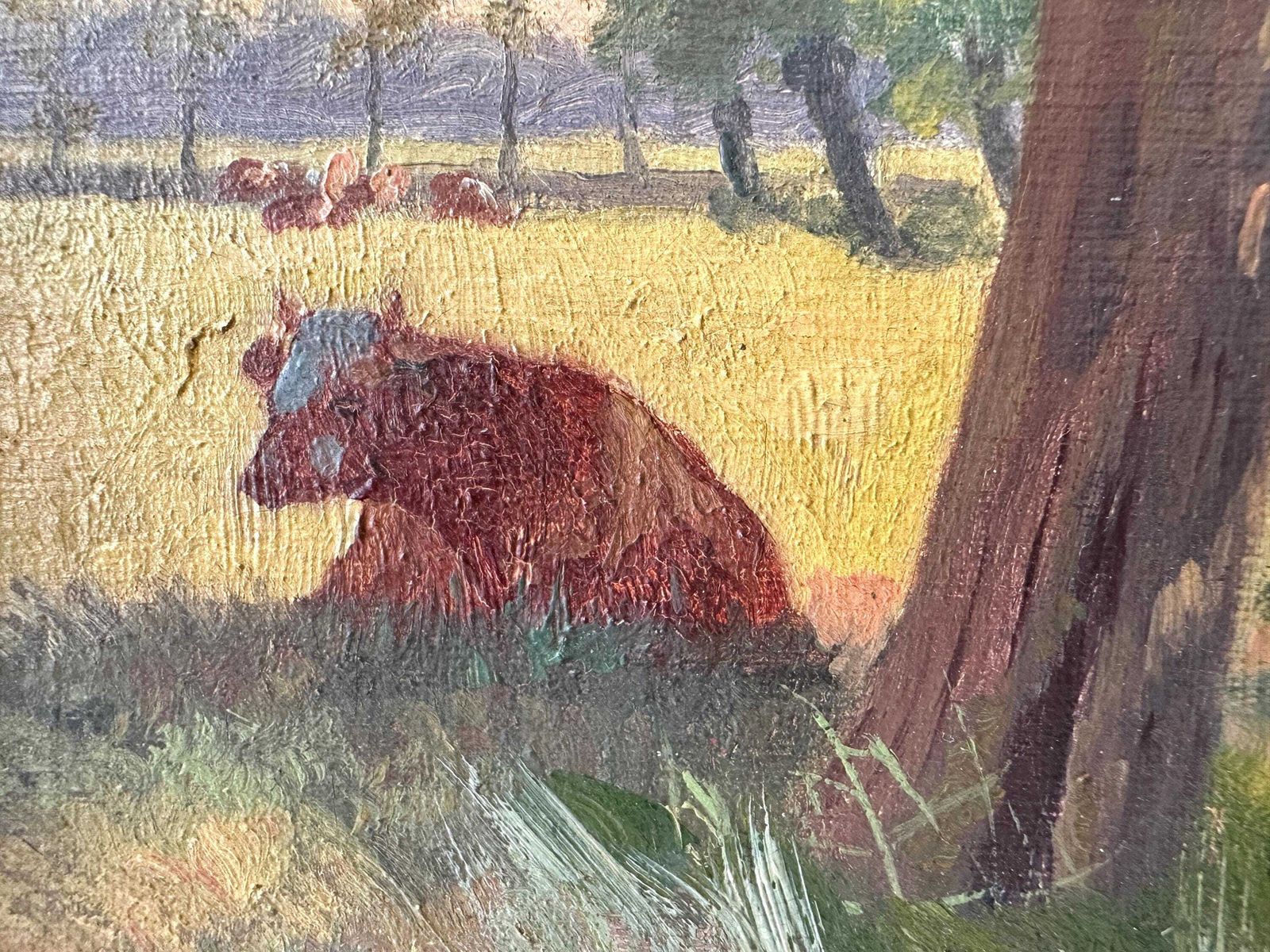 Antique Pastoral Cow Oil Painting On Canvas, Normandy French Countryside Landscape Circa 1900's photo 456.0
