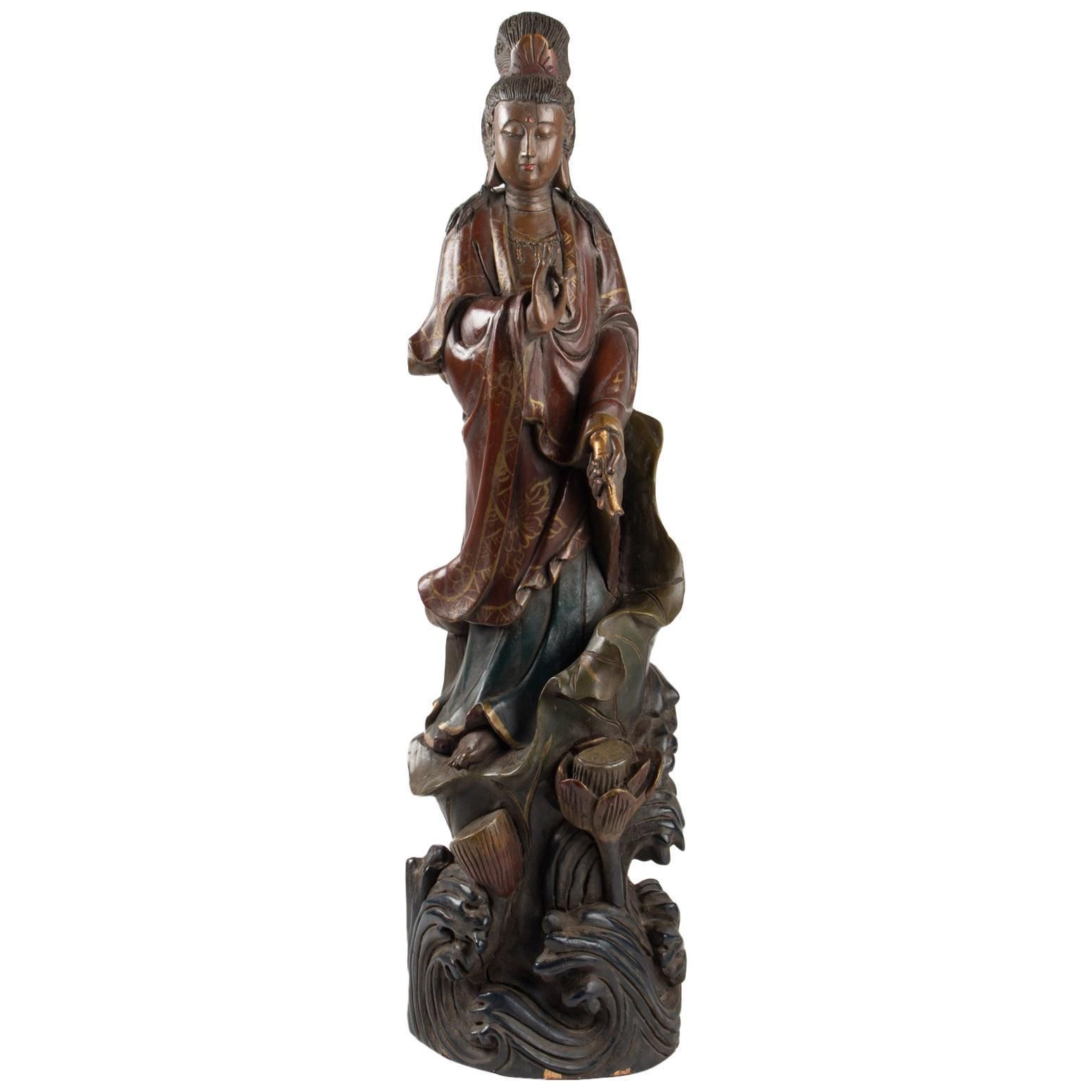 Guanyin In Carved Wood And Polichrome, China, Early 20th Century, Asian Art